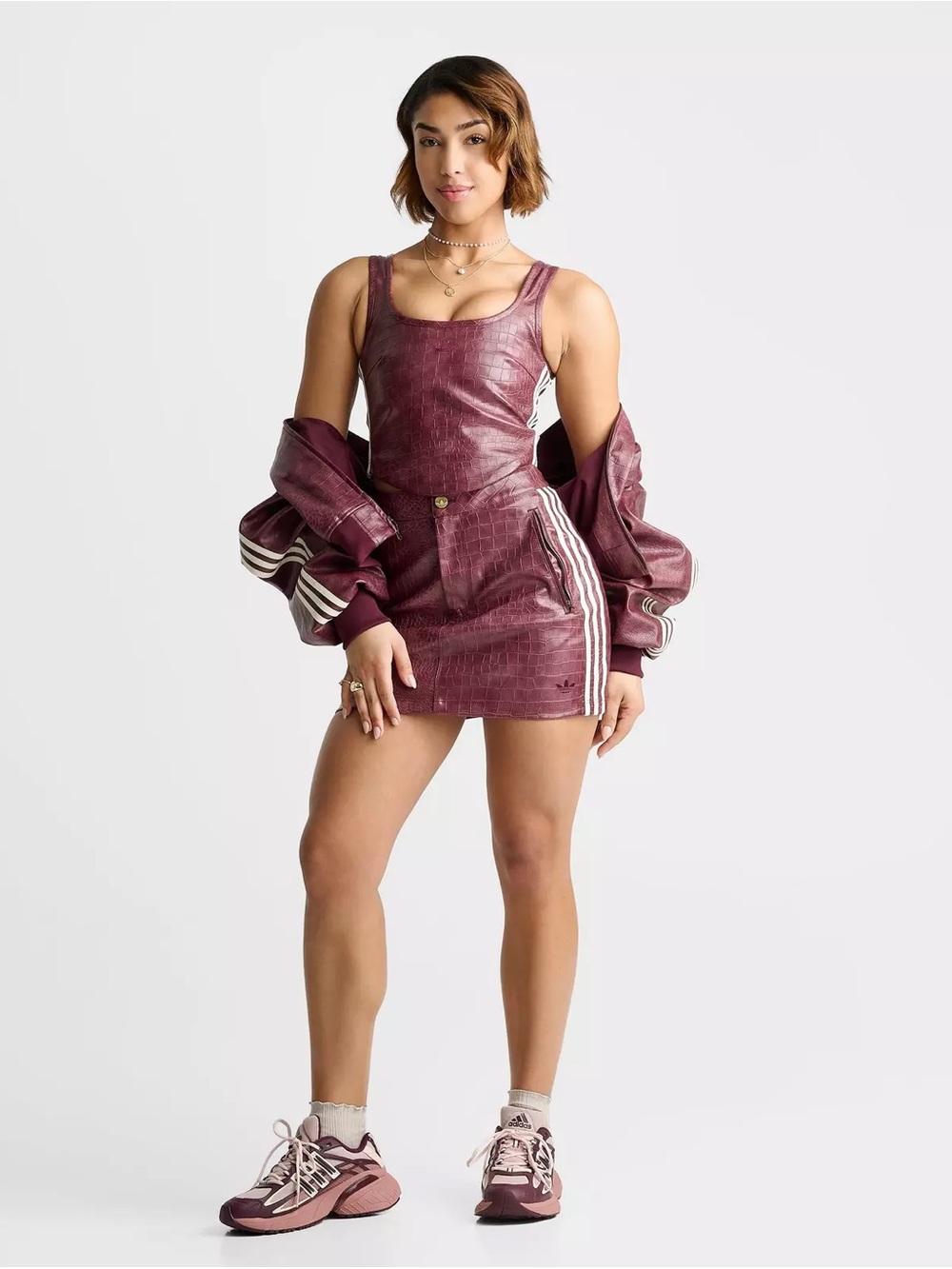 adidas Originals Croc-Embossed Mini Skirt in Burgundy with Side Stripes